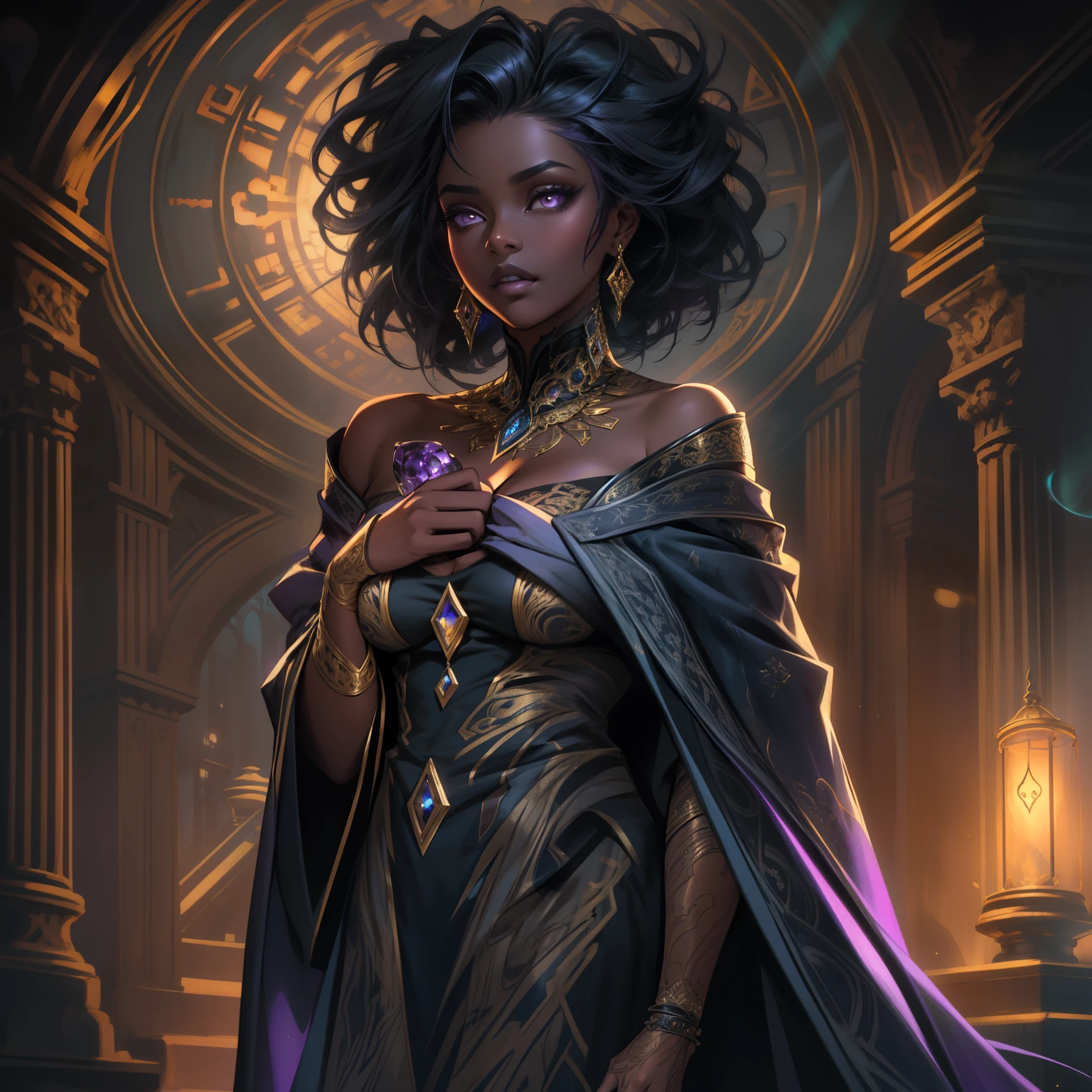 (aesthetic:1.1) Large breasted female shadow wizard, (ebony colored skin), (sultry,seductive,sexual) presence, wearing (gilded purple uniquely patterned robes), (powerful) aura. Her (purple aesthetic) adds an air of mystery and enchantment to the scene. The wizard's robes flow gracefully around her, adorned with intricate patterns in shades of purple and gold. The (ultra-fine painting) details capture the (realistic) texture and shine of the fabric, emphasizing its luxurious nature. The (professional) quality of the image showcases the (ultra-detailed) features of the wizard, highlighting the (extremely detailed) detailing of her face. Her (beautiful detailed eyes) shine with an otherworldly gleam, while her (beautiful detailed lips) are slightly parted, exuding allure and power. T eyelasherame her eyes, adding to her captivating gaze. Surrounded by an aura of (darkness), the wizard stands in a (mysterious) and (surreal) setting. Her (sharp focus) draws attention to her magnificent presence, while the (vivid colors) highlight the contrast between her ebony skin and the rich purple hues of her robes. The scene is bathed in (studio lighting), casting dramatic shadows and creating depth. The (bokeh) effect adds a touch of magic, with ethereal lights dancing in the background. As a (concept artist), this (masterpiece:1.2) artwork portrays the essence of a (shadow wizard) in a captivating (horror) and (fantasy) style. The (HDR) quality brings out the richness of the colors, while the (physically-based rendering) ensures a realistic portrayal of the textures. This (landscape) showcases the artist's skill in capturing the (magical) and (enigmatic) atmosphere of the scene. Note: (Related to the tag 'aesthetic'), please adjust the strength of the corresponding tag to achieve your desired level of emphasis. huge breasts, showing cleavage