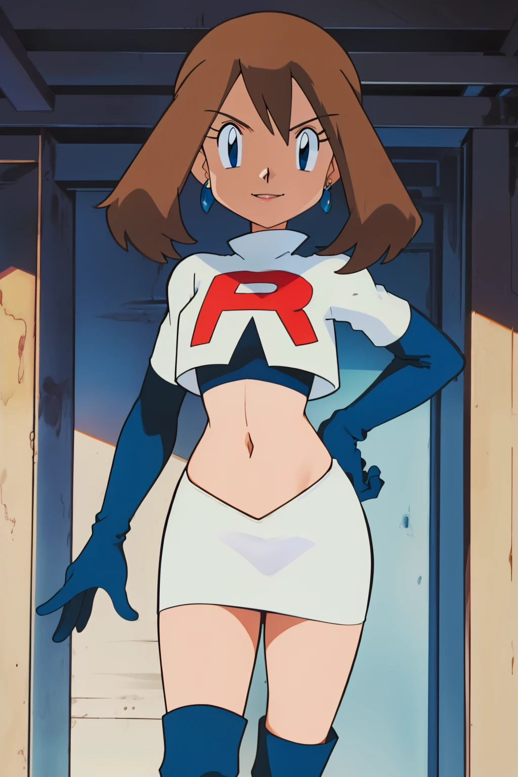 masterpiece, best quality, highres, outdoors, 1girl, solo, may (pokemon),  glossy lips, earrings ,team rocket uniform, red letter R, white skirt,white crop top,black thigh-high boots, black elbow gloves, evil smile, looking at viewer, cowboy shot