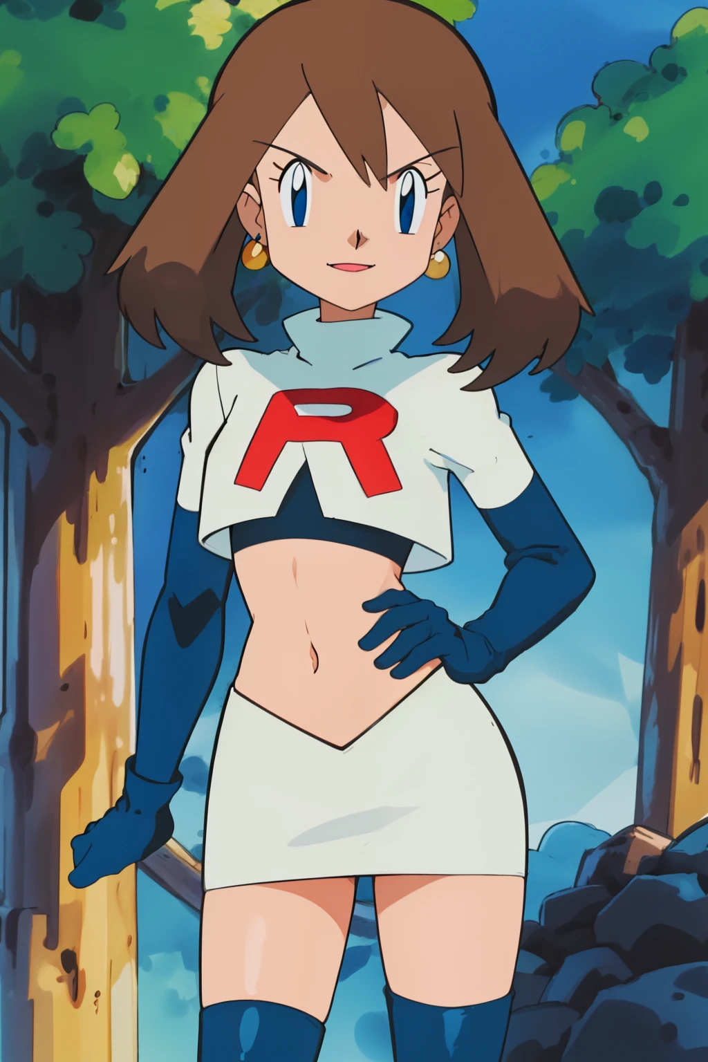 masterpiece, best quality, highres, outdoors, 1girl, solo, may (pokemon),  glossy lips, earrings ,team rocket uniform, red letter R, white skirt,white crop top,black thigh-high boots, black elbow gloves, evil smile, looking at viewer, cowboy shot