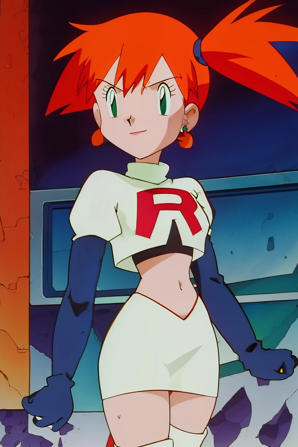 misty (pokemon), green eyes ,1girl, solo, side ponytail, orange hair, glossy lips, earrings ,team rocket uniform, red letter R, white skirt,white crop top,black thigh-high boots, black elbow gloves, evil smile ,looking at viewer, cowboy shot, team rocket building in the background