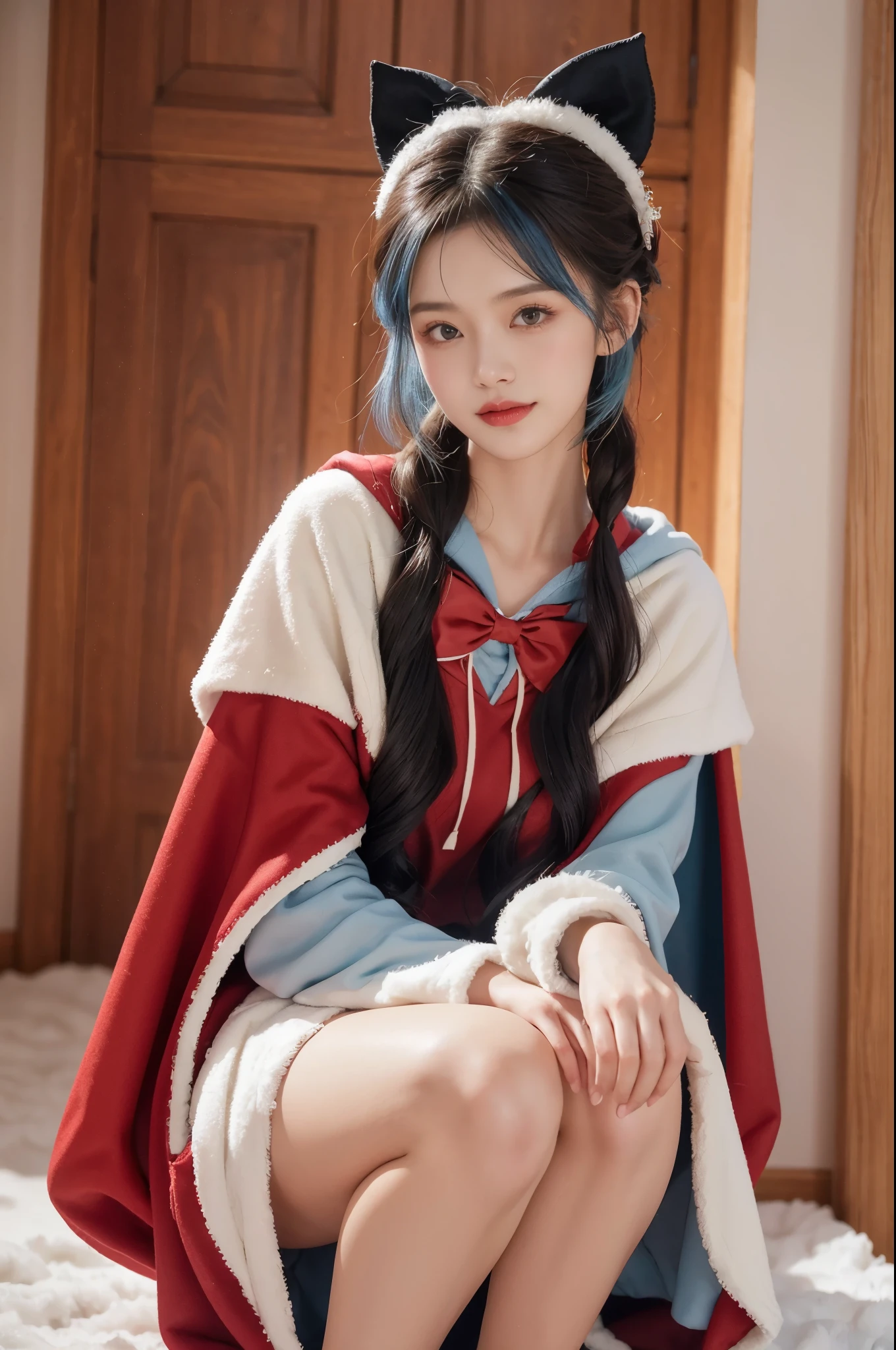 1 girl，hoody，fur cape，Blue hair，ssmile，ta costume，Extra-long hair，Red bow hair ornament，Squat and sit，The content is very detailed,center frame,Focus sharp,城市，natta，Snow resort，Blizzarding，luring，8K，tmasterpiece，winning artwork，