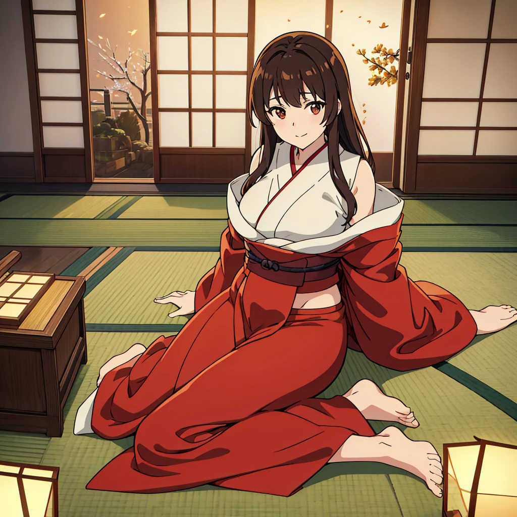 High-quality, High-resolution, Anime, Warm main color, Overhead camera angle, Exposing only the belly and navel, Facing forward, Beautiful woman, Warm indirect lighting, New Year's preparation tools, Unknown nationality, Seated in a traditional room, Calm sitting pose, Beautiful facial features, Gentle smiling expression, Long hair visible from the navel, Brown hair, Wearing a traditional outfit (kimono), Detailed eyes, Calm mouth expression, Brown eyes, Smooth skin texture, Exposing only the belly and navel, Moderate bust size, Young, Slim body type, Subtle sensuality, No accessories, New Year's decoration tools, Barefoot, Intricate embroidery on the kimono, No surrounding animals or pets, Warm Japanese-style room, Tatami flooring background, Fireplace lighting, Traditional Japanese architecture, Snowy landscape visible through the window, Clear winter weather, Daytime, Calm and warm atmosphere, (The background is rich and delicate)
