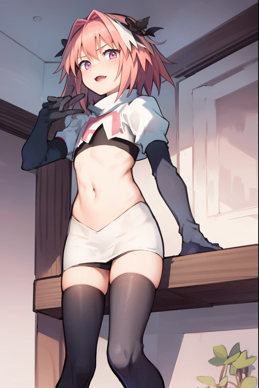 absurdres, masterpiece, best quality, (astolfo fate:1.2155), 1boy, male focus, trap, pink multicolored hair, pink hair, white hair, hair intakes, long hair, pink detailed eyes, crossdressing,1boy, team rocket,team rocket uniform, red letter R, white skirt,white crop top,black thigh-highs,black elbow gloves