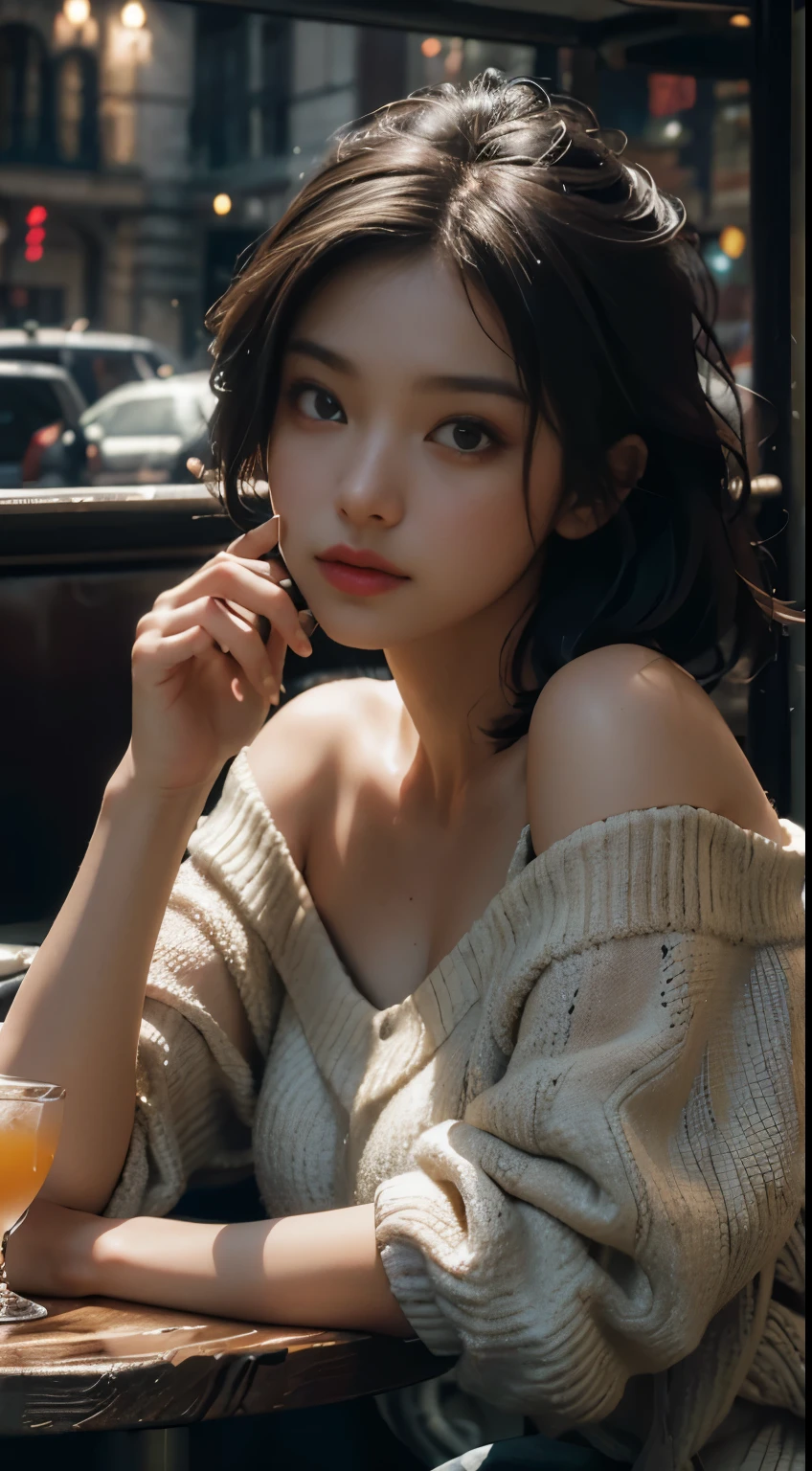Best quality, masterpiece, ultra high res, (photorealistic:1.4), raw photo, 1girl, off shoulder, cinematic lighting, in a cafe with drink in hand