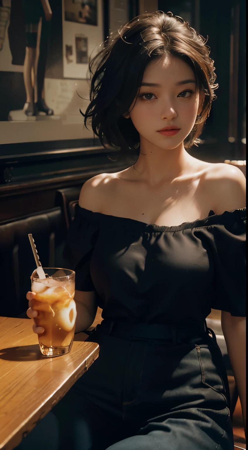 Best quality, masterpiece, ultra high res, (photorealistic:1.4), raw photo, 1girl, off shoulder, cinematic lighting, in a cafe with drink in hand