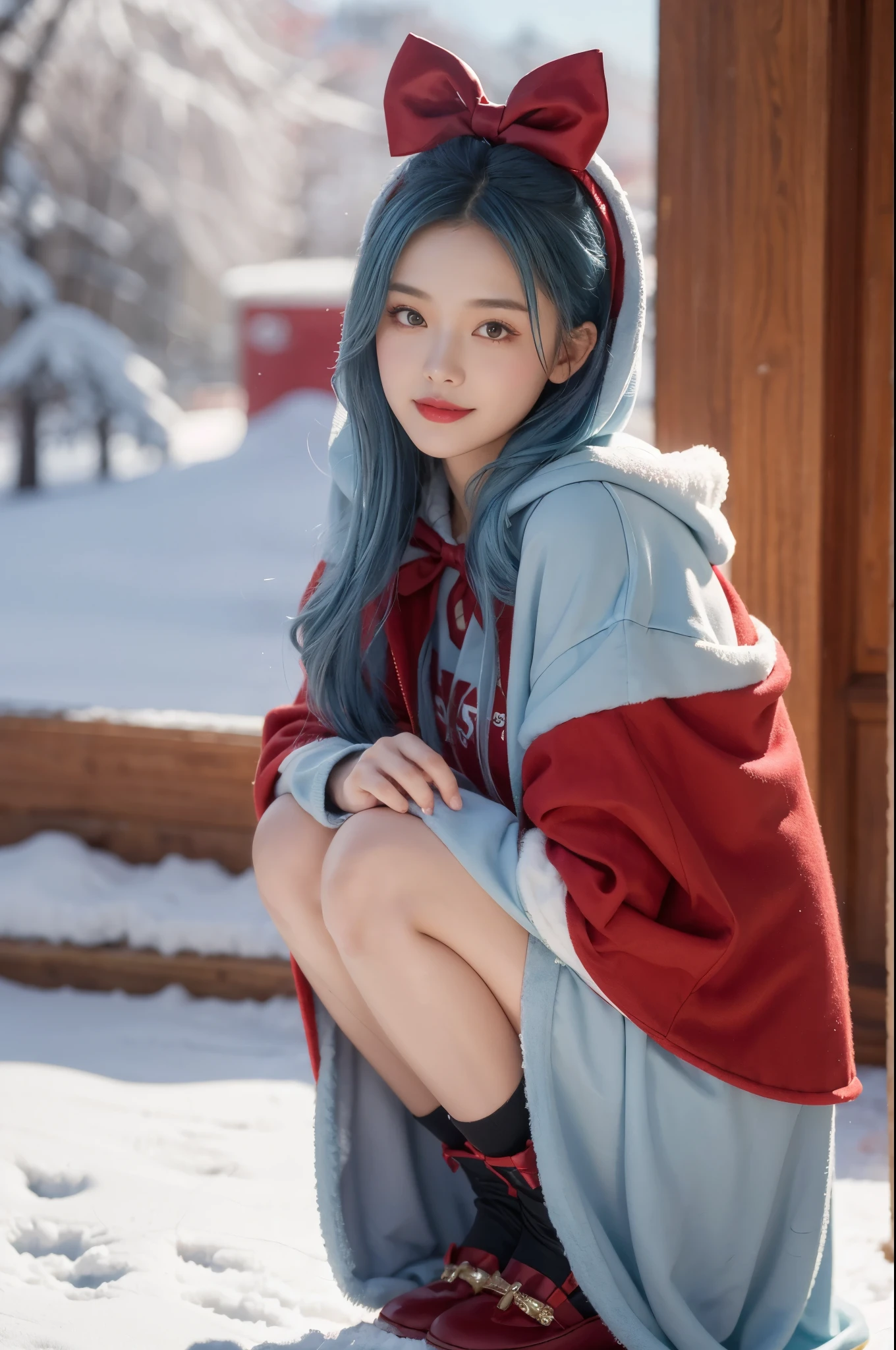 1 girl,hoody,fur cape,Blue hair,ssmile,ta costume,Extra-long hair,Red bow hair ornament,Squat and sit,The content is very detailed,center frame,Focus sharp,城市,natta,Snow resort,Blizzarding,luring,8K,tmasterpiece,winning artwork,