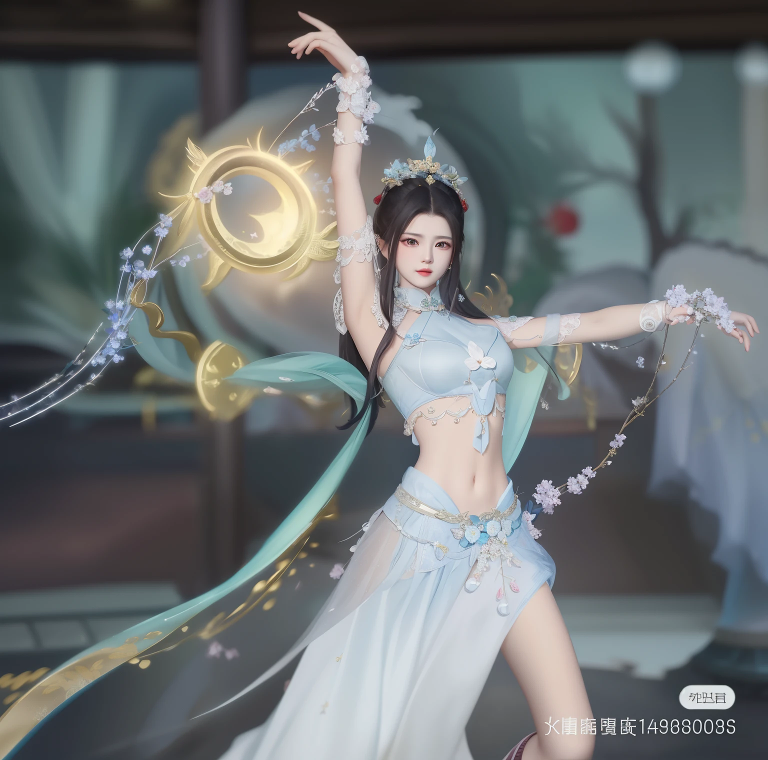 wears a white dress、Couple wearing long blue ribbon, full body xianxia, author:Hero, GameCG, Inspired by Plum Tree, 《Genshin Impact》Keqing in, inspired by Leng Mei, beautiful fantasy empress, Popular topics on cgstation, xianxia fantasy, elegant cinematic pose, Beautiful celestial mage, Inspired by Lanying