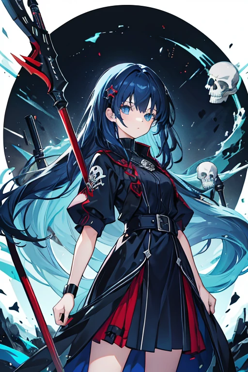 1girl, 18 years old, long dark blue hair, blue eyes, holding a scythe, red short long dress, princess death, skull hair clip, serious.