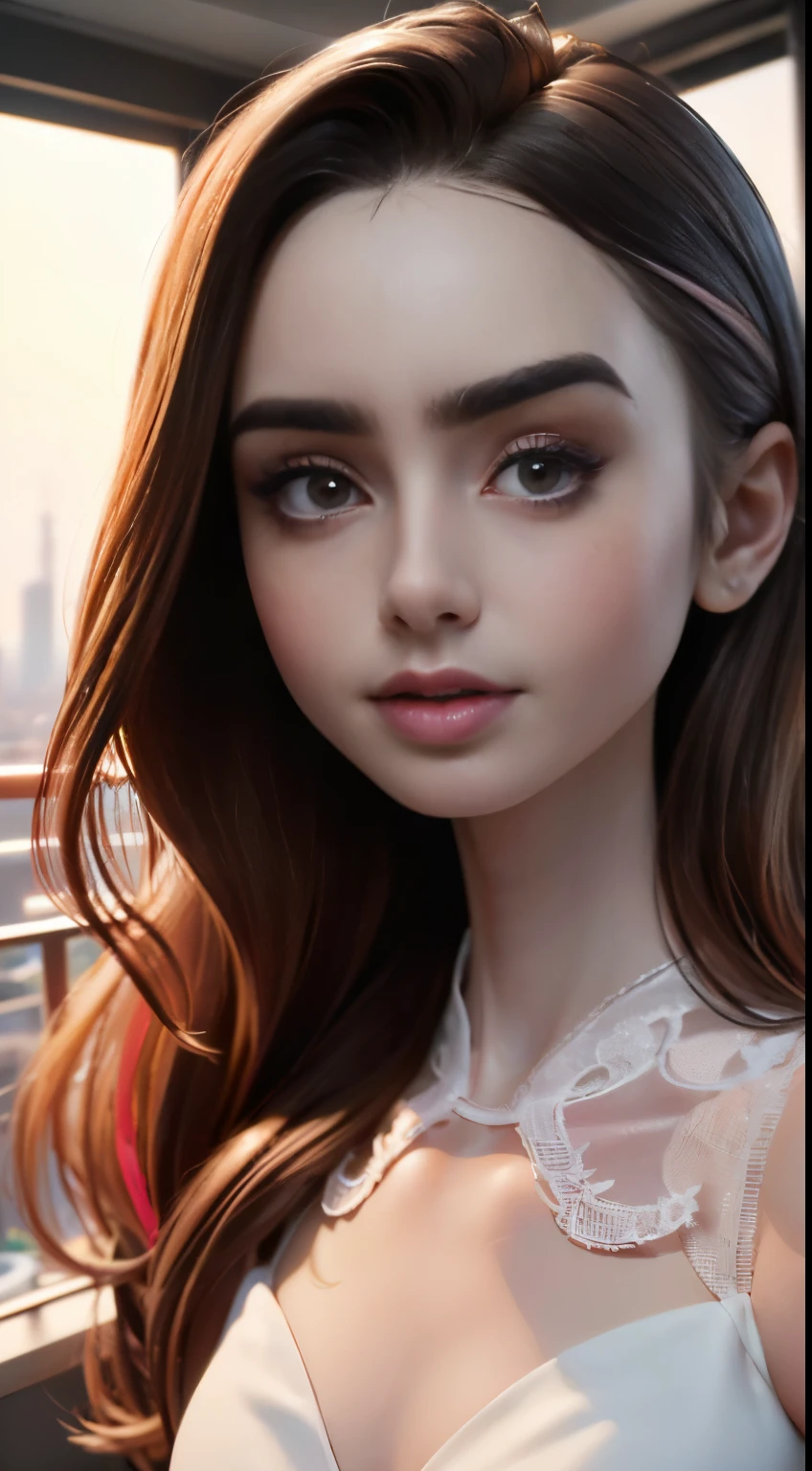 photo of Lily Collins, RAW, beautiful woman, ((portrait)), ((detailed face:1.2)), ((detailed facial feature, detailed skin, clear skin), (perfect proportioned body), (wearing a colorful A-line dress) (high detailed city environment, apartment balcony), (realistic photo, best quality, detailed), (8k wallpaper), (cinematic lighting, dramatic lighting) (sharp focus, intricate)