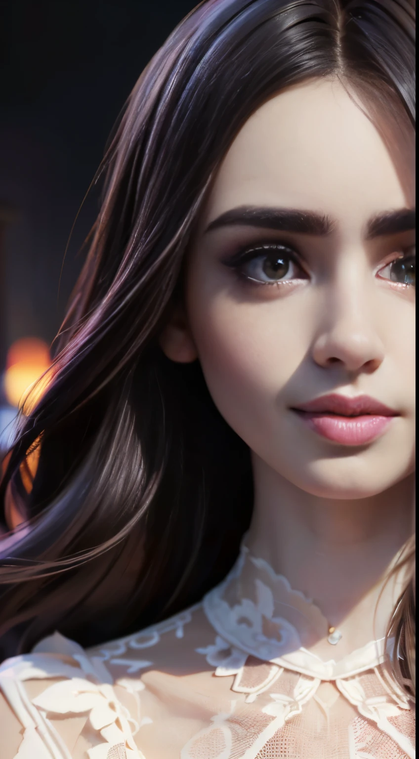 photo of Lily Collins, RAW, beautiful woman, ((portrait)), ((detailed face:1.2)), ((detailed facial feature, detailed skin, clear skin), (perfect proportioned body), (wearing a colorful A-line dress) (high detailed city environment, apartment balcony), (realistic photo, best quality, detailed), (8k wallpaper), (cinematic lighting, dramatic lighting) (sharp focus, intricate)