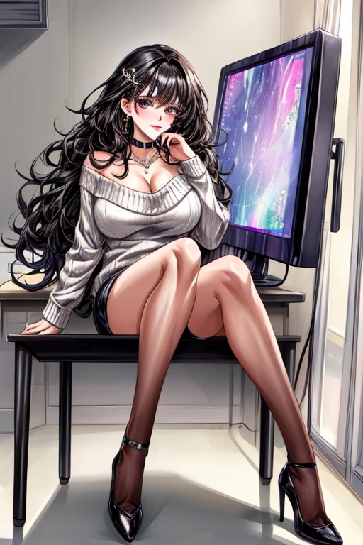 a large amount of fluid is overflowing，（Long black hair）：1.3，beatiful detailed eyes，Perfect proportions，eyes with brightness，Light makeup，choker necklace，ear jewelry，Pink and moist lips），sexy beauty in one room，Office room，On a computer desk，Sexy Backless Sweater，Elegant and beautiful hairpins，white wavy curare legs and high heels，Spread your legs apart，a large amount of fluid is overflowing，（（8K，tmasterpiece，realisticlying），（Hyper-detailing，ultraclear，naturey，full-body view），