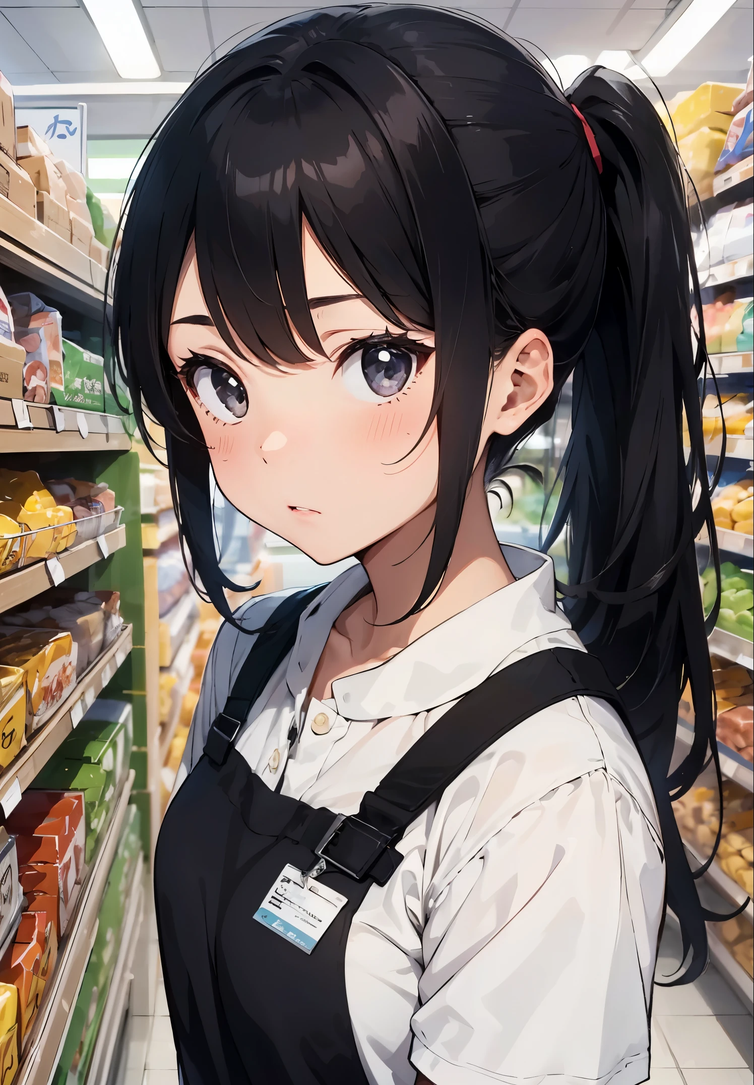 1 girl, employee uniform, black hair, black eyes, high ponytail, gloom \(expression\), supermarket,