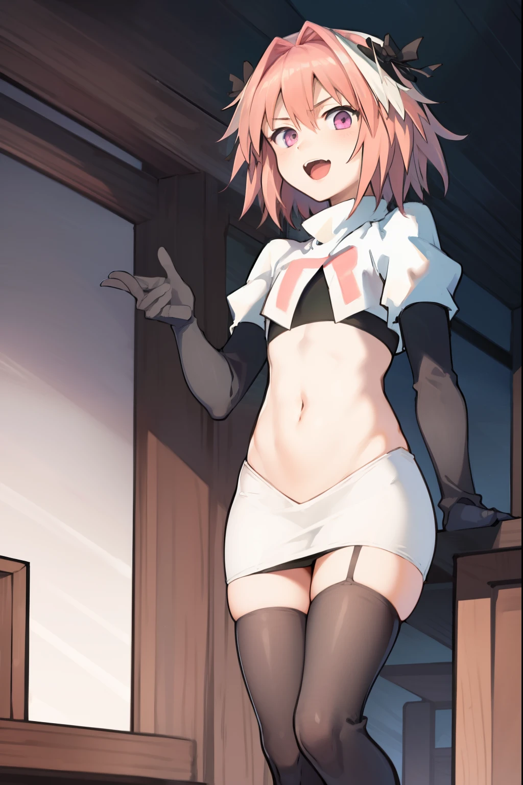 absurdres, masterpiece, best quality, (astolfo fate:1.2155), 1boy, male focus, trap, pink multicolored hair, pink hair, white hair, hair intakes, long hair, pink detailed eyes, crossdressing,1boy, team rocket,team rocket uniform, red letter R, white skirt,white crop top,black thigh-highs,black elbow gloves
