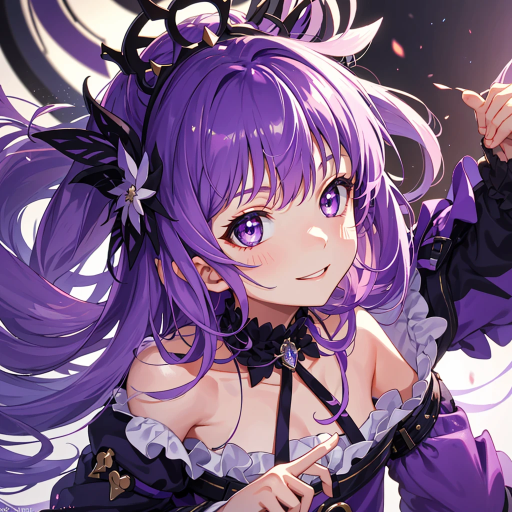 Best Quality, High quality, Cute s, Solo, Beautiful purple hair, Beautiful purple eyes, lightsmile,