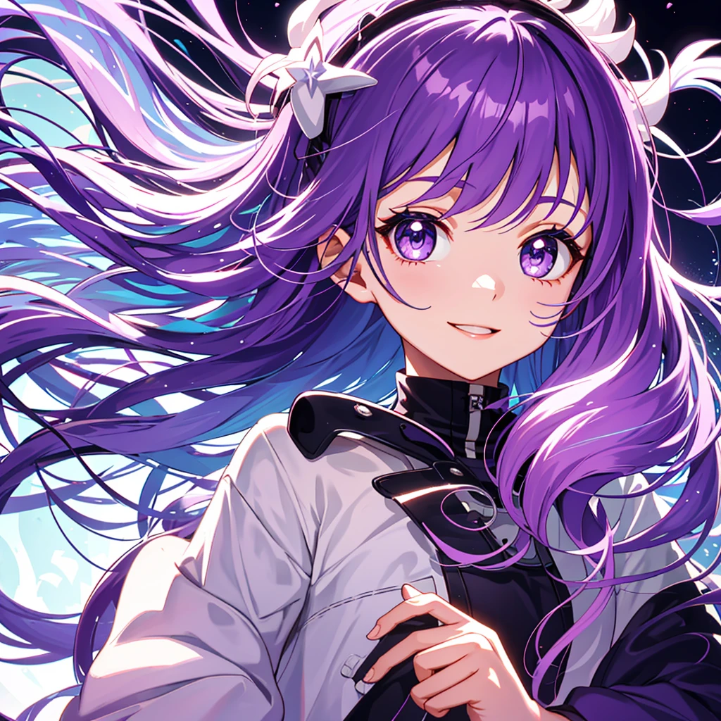 Best Quality, High quality, Cute little girl s, Solo, Beautiful purple hair, Beautiful purple eyes, lightsmile,