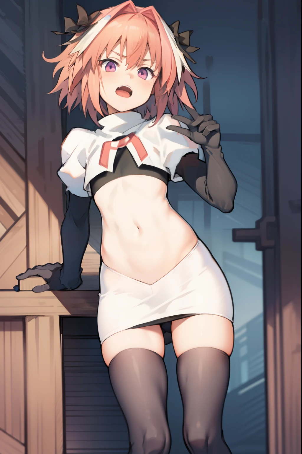 absurdres, masterpiece, best quality, (astolfo fate:1.2155), 1boy, male focus, trap, pink multicolored hair, pink hair, white hair, hair intakes, long hair, pink detailed eyes, crossdressing,1boy, team rocket,team rocket uniform, red letter R, white skirt,white crop top,black thigh-highs,black elbow gloves