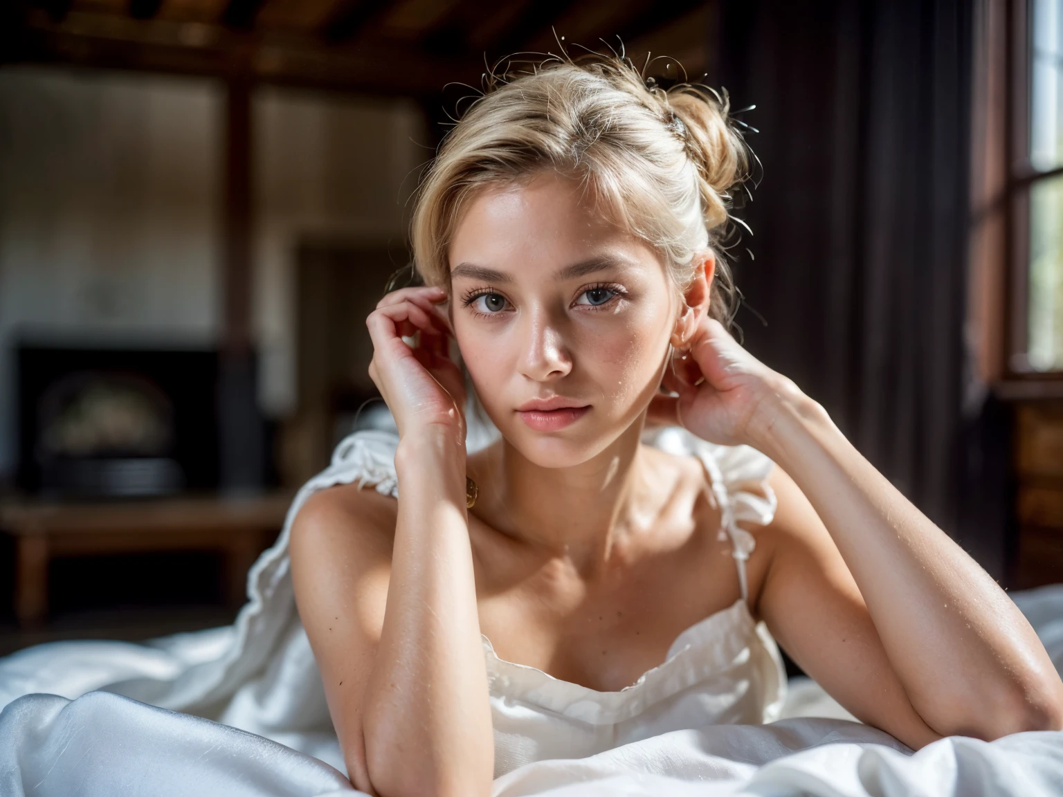 1 delicate woman, sits in interior medieval rural peasant shack, (old dark room is filled with medieval furnishings, items), she's contemporary blond beauty, ((she's wearing pristine clean white satin dress with heels:1.5) interior shack is dusty and peasant lived, old pottery and cooking stove utensils, realistic photo, (38% of photo is black in drawing:1.4), (everything is grimy, dirt, soiled, except woman:0.9), (woman is only clean thing:1.4) , she is confused, (early sunrise light:1.1), (Rembrandt lighting:0.9) ,(relaxed intimate photoshoot), beautiful face, (her hair is blonde and worn updo, french twist,)slight smile, intense presence, (perfect posture:1.4), cozy relaxed, catching us, beautiful hands, kind eyes, gorgeous soft warm lighting:1.4,, incredible details, ((high contrast)), (deep, darkest shadows), (shadow details:1.0), ((taken using Leica camera, aperture: f/2.3)) , hyper-realistic skin, pores, scar, mole, (shack is gritty and dusty, she's clean and pretty), healthy skin,, her arms relaxed, relaxed moment, she's in dark with natural light glow, (romantic light:1.2), radiant skin, perfectly framed face, perfect relaxed hands, perfect fingers, (perfect portrait, incredible eyes:1.1), a work of art, beautiful composition, golden ratio, contrast, masculine and feminine, old and new, inspiring, (highest quality fabric texture), every detail,Fine facial features – (Highest Quality) ,Leica camera film, High quality ○○ detailed – ○○ details ultra detailed(Ultra-fine ), Photorealistic, Extremely detailed(Extremely detailed) , (highest detail image, lens flare, realistic)○○ res – ○○ resolution ultra high res(A high resolution),playful relaxed photos