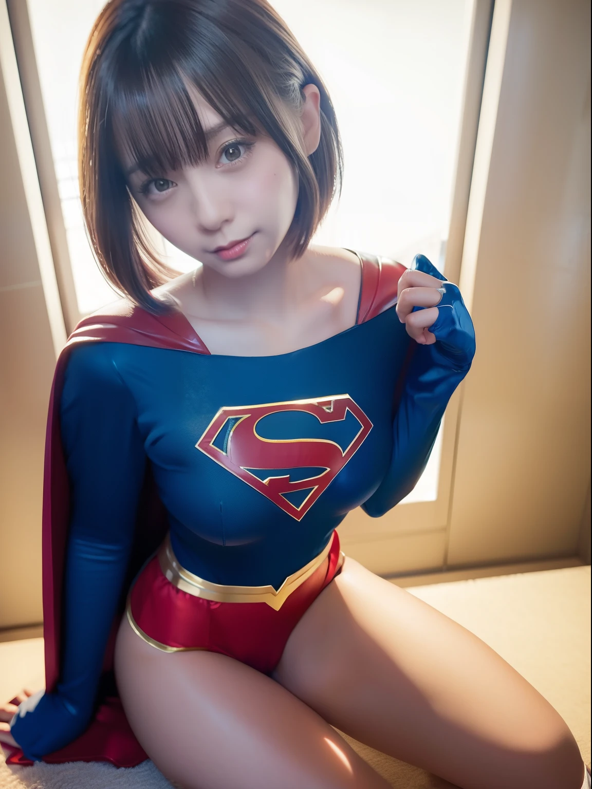 ​masterpiece,Supergirl Costume, short-hair, bare-legged, large full breasts,surgery room、Operating table、straddle、depraved、shiny、Looking at the camera、seduces、estrus、Cowgirl、Trance、Fayue、enjoyment