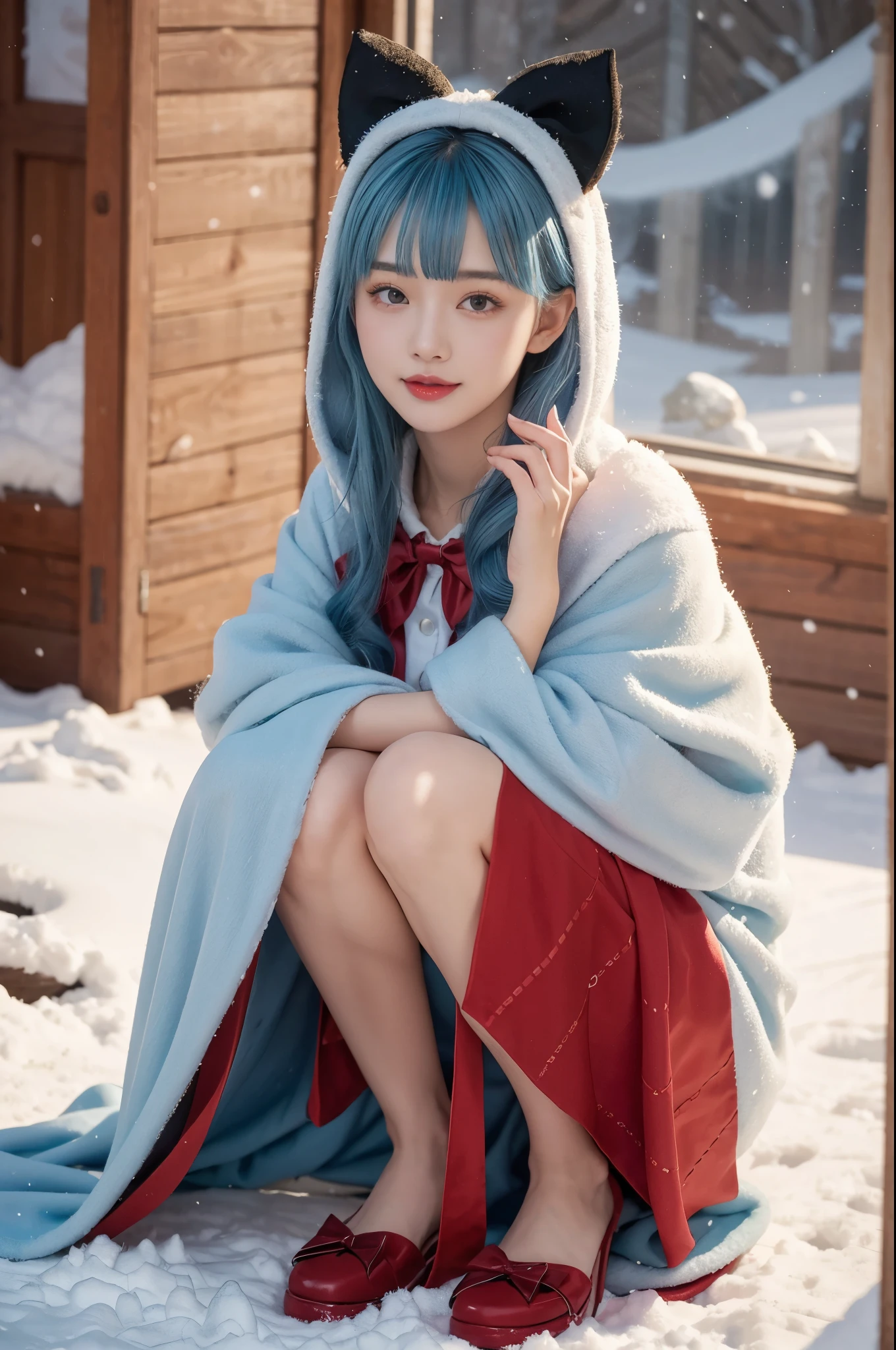 1 girl,hoody,fur cape,Blue hair,ssmile,ta costume,Extra-long hair,Red bow hair ornament,Squat and sit,The content is very detailed,center frame,Focus sharp,城市,natta,Snow resort,Blizzarding,luring,8K,tmasterpiece,winning artwork,