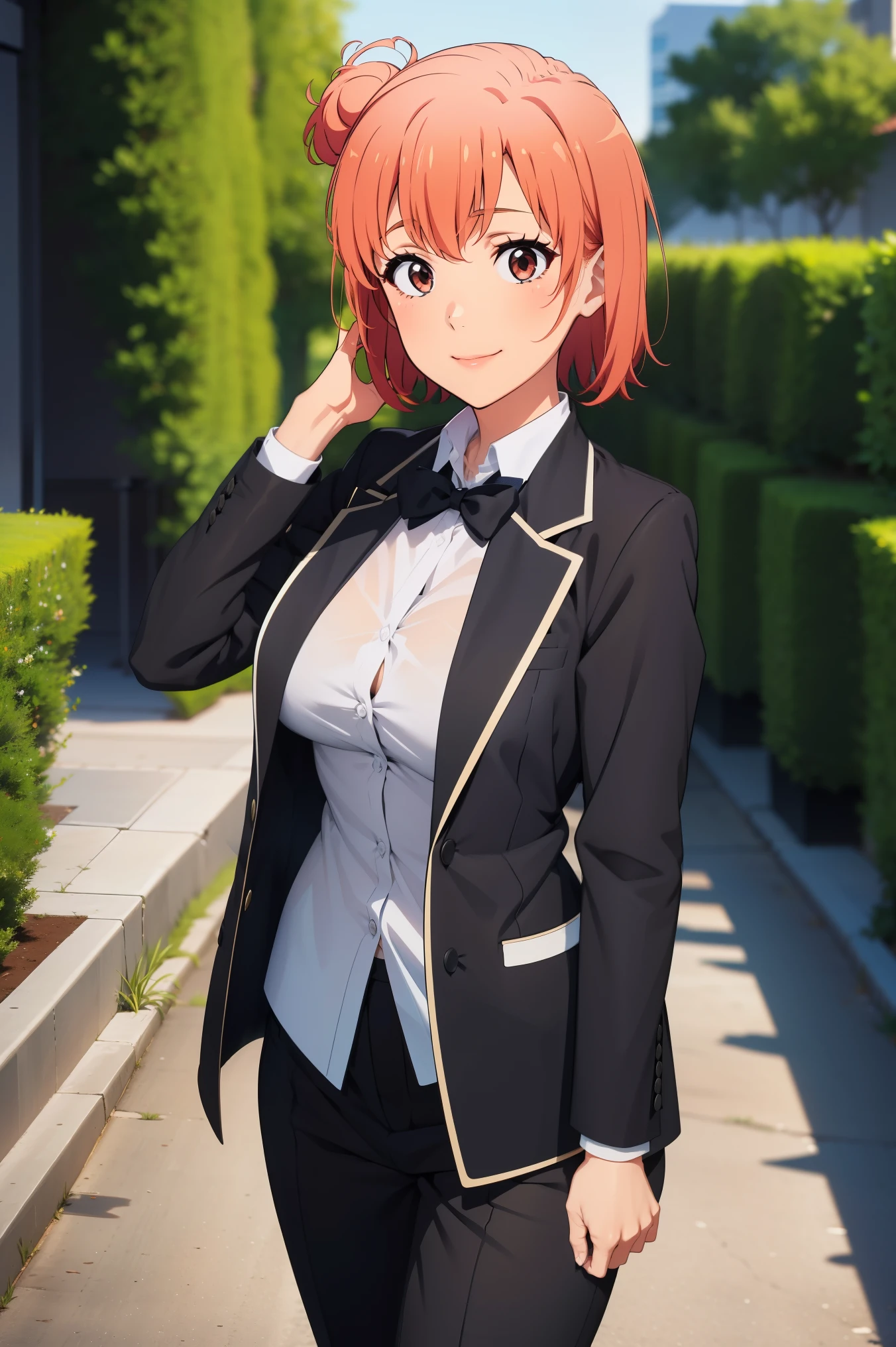 Best quality, masterpiece, highres, 1girl, Yuigahama Yui , butler , female butler, short hair, tailored tailcoat , white shirt, black jacket, big boobs, Standing, smile, garden background