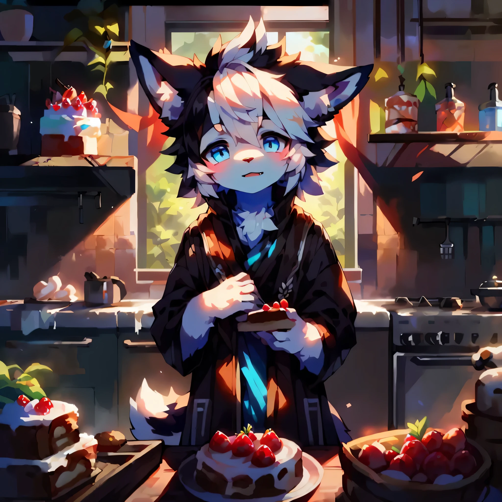 tmasterpiece, High-quality portraits, Highest definition,morden style,perfect litthing,gentlesoftlighting, Complicated details, Soft cord, 16k,（独奏),at the kitchen,A wolf boy with white and black fur,Short gray hair,Blue pupil,There is a cake in front of you,Put the cake in your mouth and taste it,frost on cheeks,rejoice,fluffy mane, Fine villi,clawed paws,clawed paws,potted,vine,leisure wear,morden style厨房,those fruits,verdure