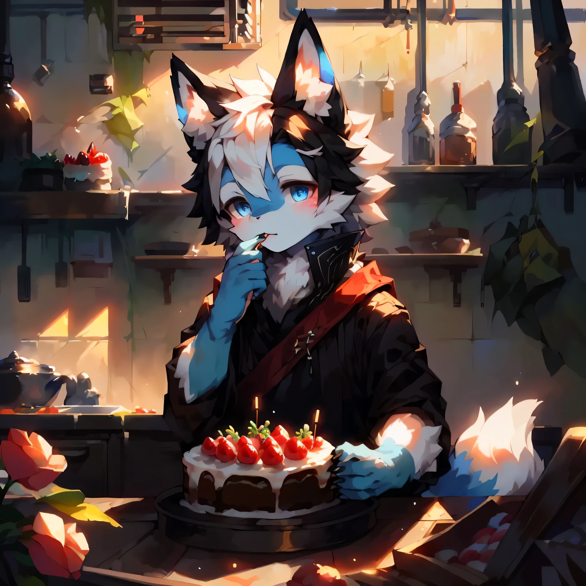 tmasterpiece, High-quality portraits, Highest definition,morden style,perfect litthing,gentlesoftlighting, Complicated details, Soft cord, 16k,(独奏),at the kitchen,A wolf boy with white and black fur,Short gray hair,Blue pupil,There is a cake in front of you,Put the cake in your mouth and taste it,frost on cheeks,rejoice,fluffy mane, Fine villi,clawed paws,clawed paws,potted,vine,leisure wear,morden style厨房,those fruits,verdure