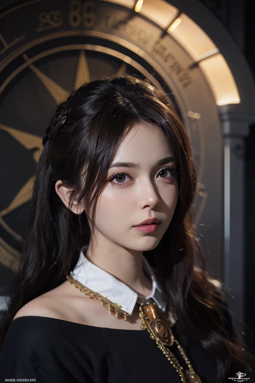 realisticlying, tmasterpiece, Best quality at best, A high resolution, 1girll, s the perfect face, looking at viewert, The skin is tight and transparent vinyl, Very long black hair, Green eyes, paleskin, Pisces, Gold armor with white parts, Armour, shelmet, Line art, low tune, Sharp focus, octanerender,frontage,face to the viewer,cleavage,open waist,中景 the scene is