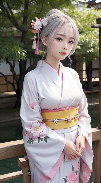 1girl,medium shot,Panorama,full body,standing,looking at viewer,SONY 30 F/5.6,Wearing an ornament on the head,(kanzashi,Colorful kimono,Pink Kimono,Kimono with gorgeous and elegant designs,highest grade obi,Kimono of Kyo Yuzen,Kimono dyed by Kyotomo,Furisode,Floral pattern in Japanese style:1.5),January,There&#39;s a little snow left,Best Quality,4K,8K,hight resolution,masutepiece:1.2,Realistic,tre anatomically correct,Use natural light and color,Ultra-realistic capture, Highly detailed,人間の皮膚のhight resolution16kクローズアップ,Skin texture must be natural, Detailed enough to finely identify pores. Skin should look healthy,fine-grained white skin,(medium breasts),Sharp Focus,In a uniform tone,Ultra-detailed,extremely detailed eye and face,Beautiful detailed eyes,Beautiful detailed lips,long eyelashes,Photorealistic:1.37,japanes,beautiful and magnificent composition,masutepiece,Attractive,Cute,silky smooth hair,light smile,with round face,(Silver hair color),