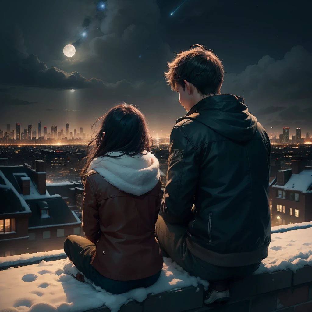 a boy and a girl sitting on the roof look at the snowy city, night city, city lights, stars, moon, some clouds, roaring and melancholy atmosphere.