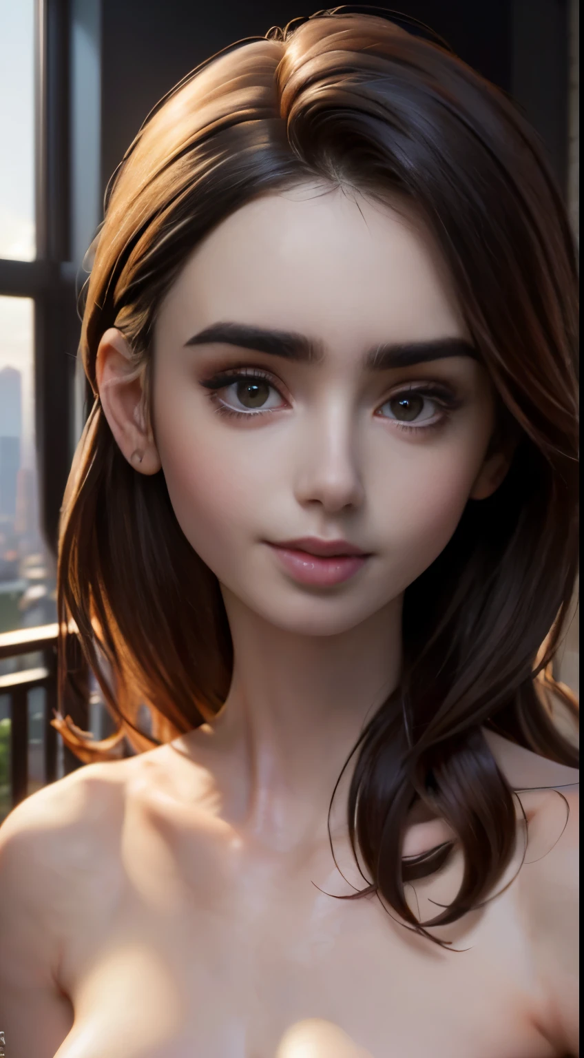 photo of Lily Collins, RAW, beautiful woman, ((portrait)), ((detailed face:1.2)), ((detailed facial feature, detailed skin, clear skin), (perfect proportioned body), ((nsfw:1.5)) (high detailed city environment, apartment balcony), (realistic photo, best quality, detailed), (8k wallpaper), (cinematic lighting, dramatic lighting) (sharp focus, intricate)