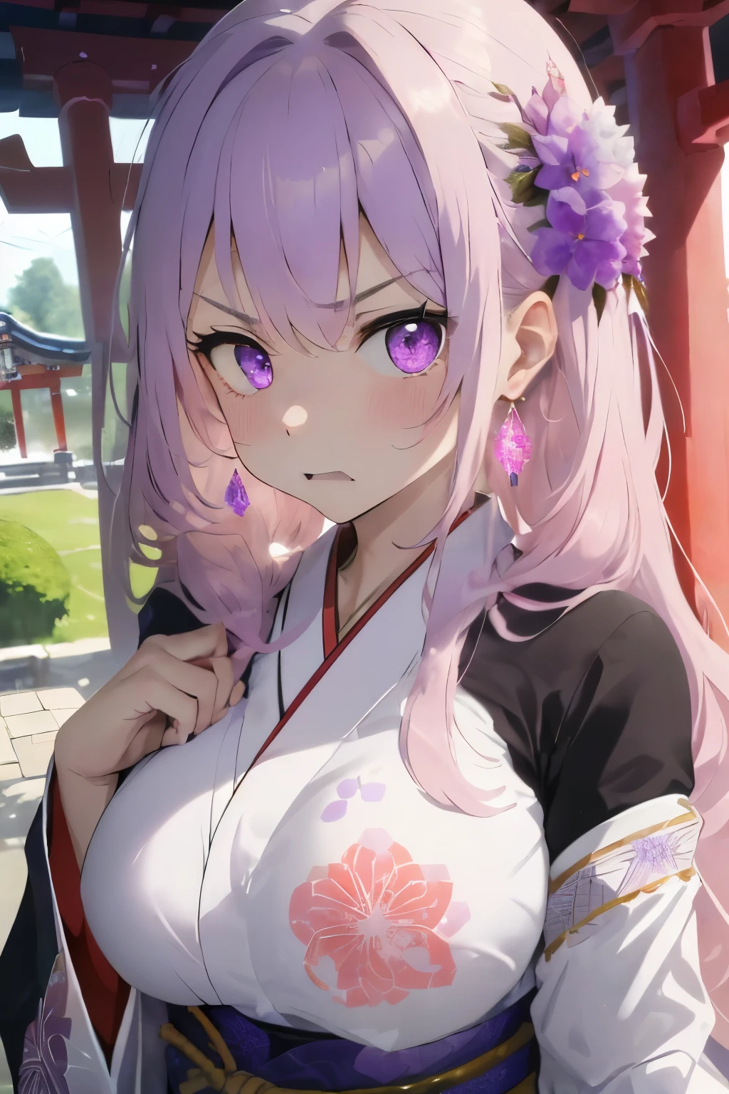 (Lilac hair),(Volume fluffy long hair with curls:1.25),(Light pink eyes),(With a visit to Bangirt Shrine:1.25),(colourfull:1.2),(Staring at me),(Japanese pattern clothing:1.4),(Accessories such as flowers and crystals:1.3),(Lower breast:1.5),(transparent double sleeve long sleeve:1.5),(breasts protruding from clothes,:1.4),(Face:1.3),Slight red tide,(Kamimei),(Enlarged image of face 1.35),(white and pink and purple red:1.25),(A slightly displeased face),(A slightly angry face with puffed out cheeks),