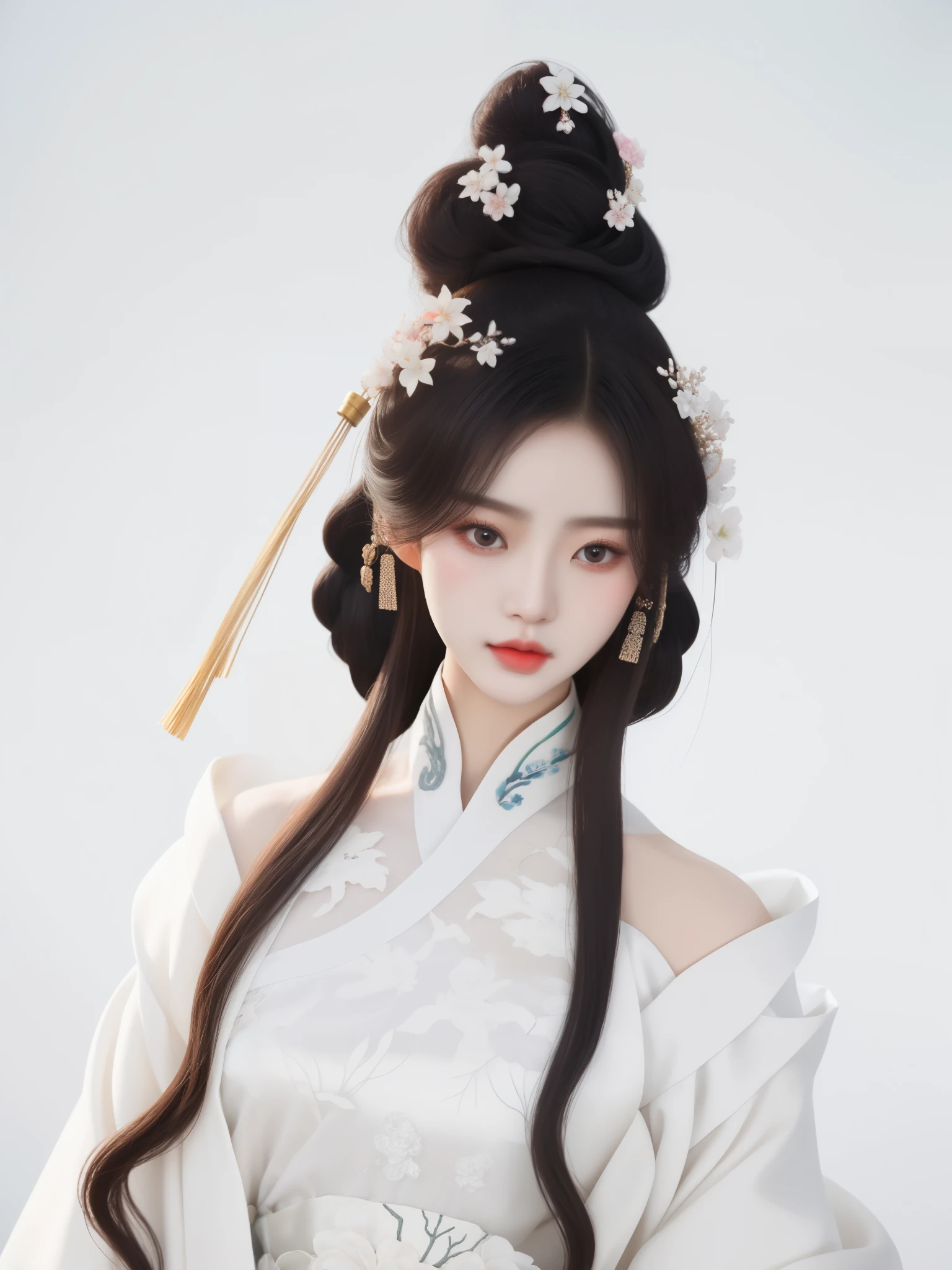photorealestic,Real Human,a close up of a woman with long hair wearing a white dress, guweiz, white hanfu, A masterpiece by Guvitz, Guviz-style artwork, 宮 , A girl in Hanfu, Detail of long white hair, inspired by plum trees, pale milky white porcelain skin, ((beautiful fantasy empress)), inspired by Ai Xuan
