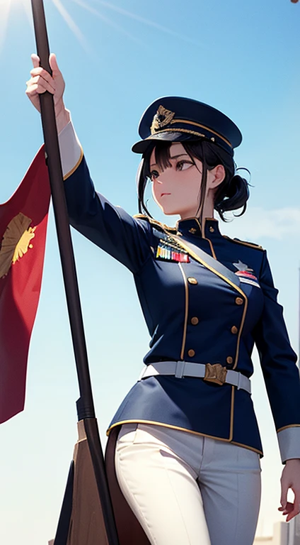 Dark blue Military Uniform, Black Hair, Breast, Military Cap, holding a flag with a blue sky and a white sun
