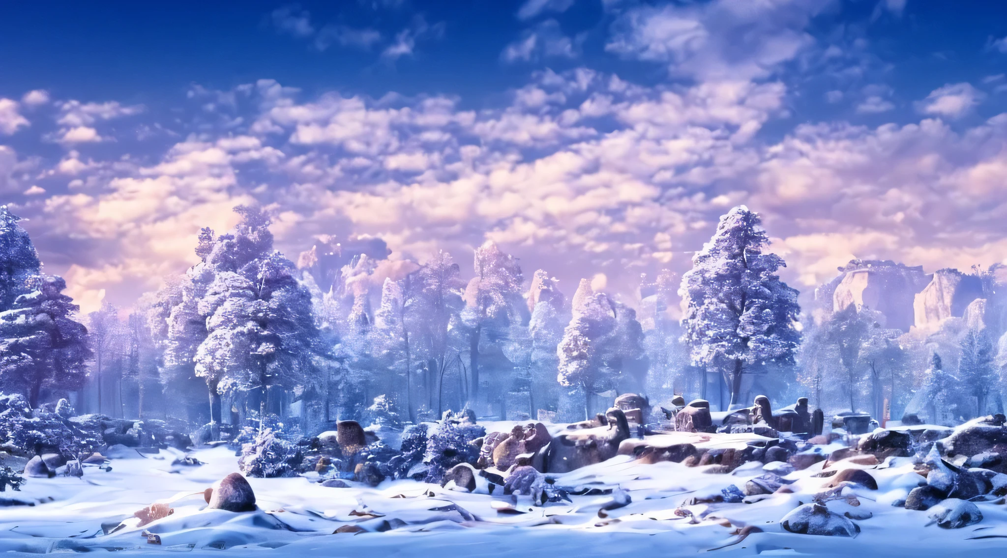 backgound only, vision of soil with solid  rocks, winter trees winter vegetation on ground, distant very small village with a king looking to the camera inside a medium castle background with blue sky with few clouds anime style