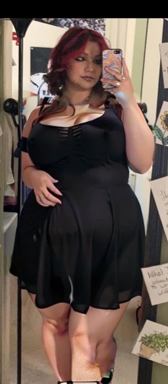 there is a woman that is taking a picture in the mirror, she is wearing a black dress, full body picture, taken in the early 2020s, cute black dress, zoomed out full body, wearing a black dress, she has a jiggly fat round belly, taken in the late 2000s, Big tits, huge tits, no clothes, sexy, cute, wide hips, thick thighs, pear-shaped body, minimal clothes, thick, bbw, chubby stomach, thick nipples, nipple piercings, large areola, hard nipples, piercing through shirt, nipples hard through shirt, busty, major cleavage, naked, ripping through top, boobs spilling over sides, bra too tight, giant tits, dominatrix, dominatrix clothes, fat stomach, fat belly showing, grabbing sexy jiggly fat round belly