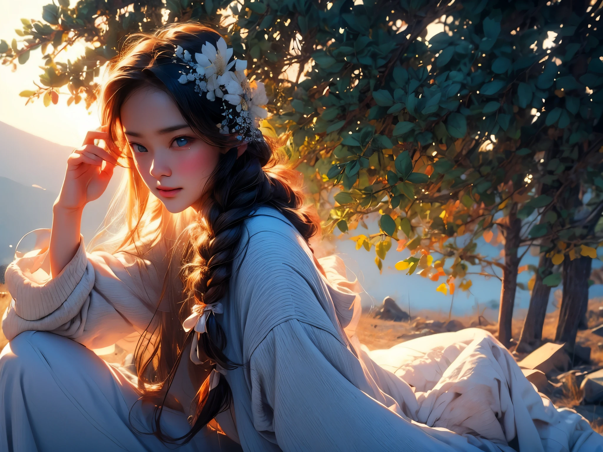(masterpiece)、Realistic and cinematic light、Super detailed photos of high school girls、Solo Camping、Fire making experience、Curious look、smoke rising from the fire、Warm tones、The crackling sound of burning wood、delicate whisper of smoke、Beautifully braided hair with wildflowers、Sparkling eyes reflecting the flickering flames、A figure leaning forward staring into the fire、 Playful shadows dance、breezing、Peaceful and serene atmosphere、by lake、Mt fuji、Winters、snowscape, naked