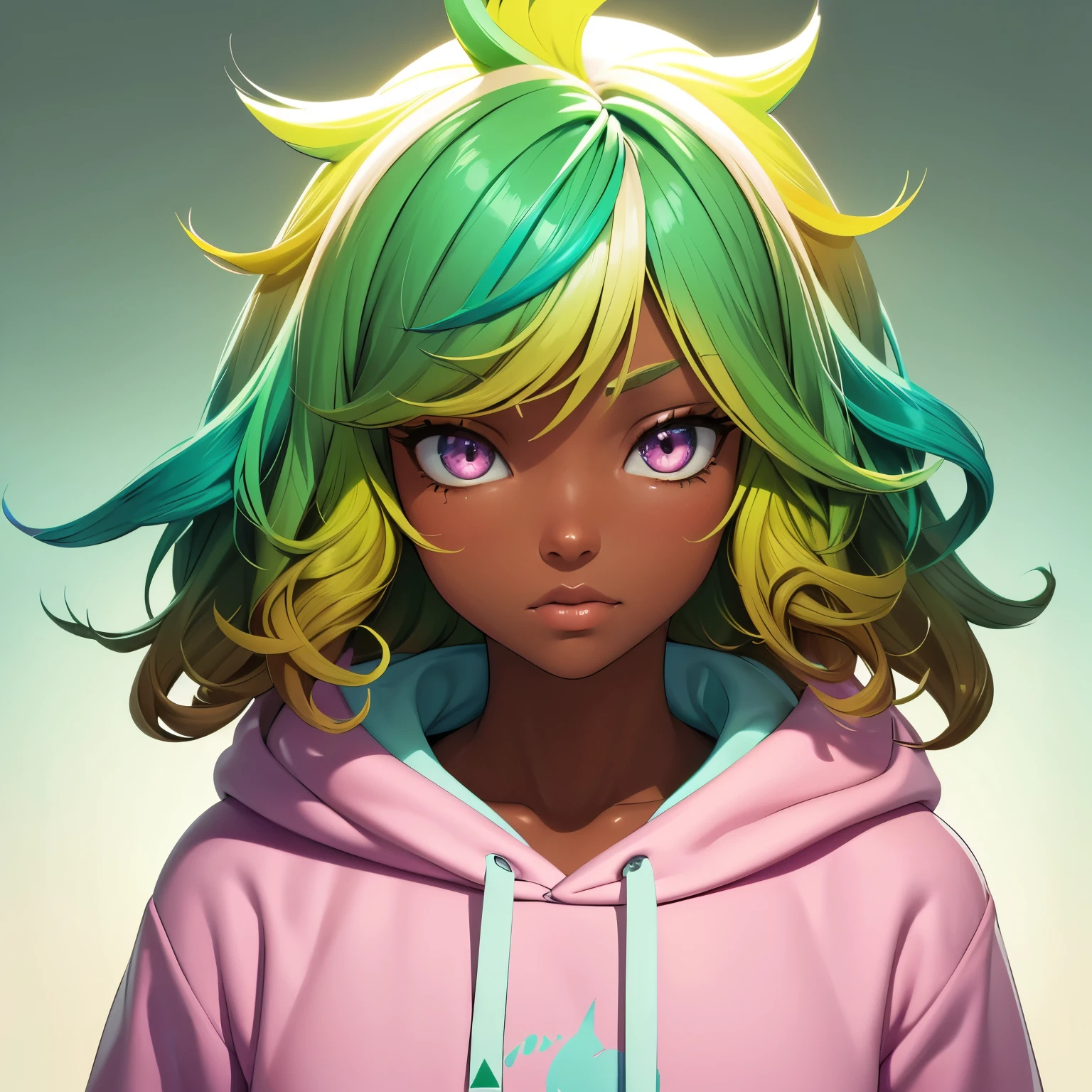 1girl, solo, solo focus, cowboy shot, portrait, oversized hoodie, aqua green and white hoodie, half aqua, half green, ((brown hair)), (yellow hair), (gradient hair :1.5), curly hair, ((pink eyes)), hyperdetailed eyes, tan, (caramel dark skin:1.1), best quality, ultra-detailed, white background, simple background