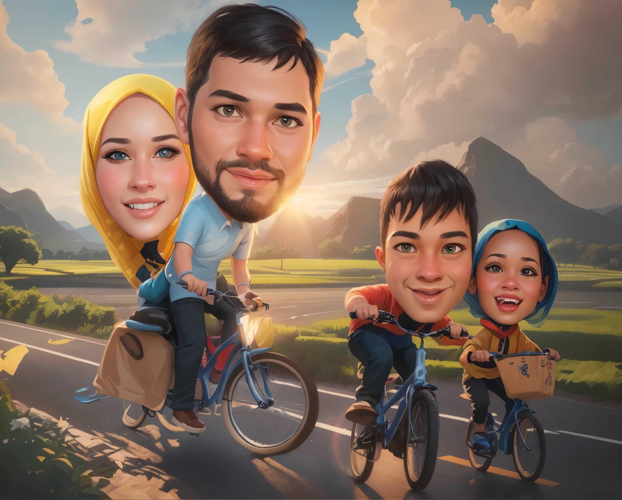 cartoon caricature of a couple riding a bicycle on a country road, The woman in the back is wearing a hijab, Man wearing cloth pants, black hair,, caricature illustration, digital art cartoon, cartoon digital art, caricature!!!, cartoon digital painting, caricature style, realism artstyle, caricature, digital cartoon painting art, cartoon art, cartoon art style, in cartoon style, photorealistic!!!!!!! art style, potrait, cartoon style illustration, 3d, realistic, hipperrealism, detail, 8k