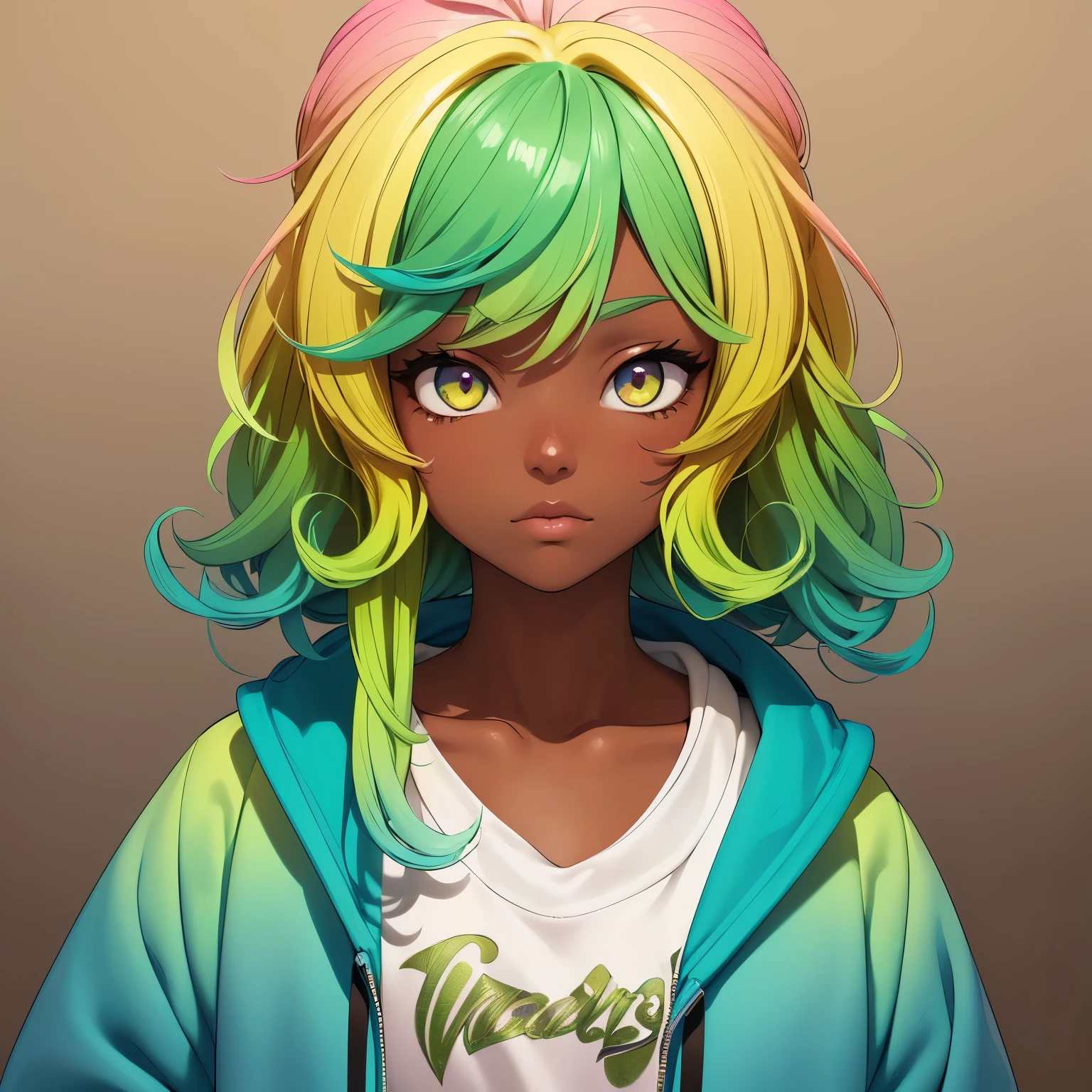 1girl, solo, solo focus, cowboy shot, portrait, oversized hoodie, aqua green and white hoodie, half aqua, half green, ((brown hair)), (yellow hair), (gradient hair :1.5), curly hair, ((pink eyes)), hyperdetailed eyes, tan, (caramel dark skin:1.1), best quality, ultra-detailed, white background, simple background