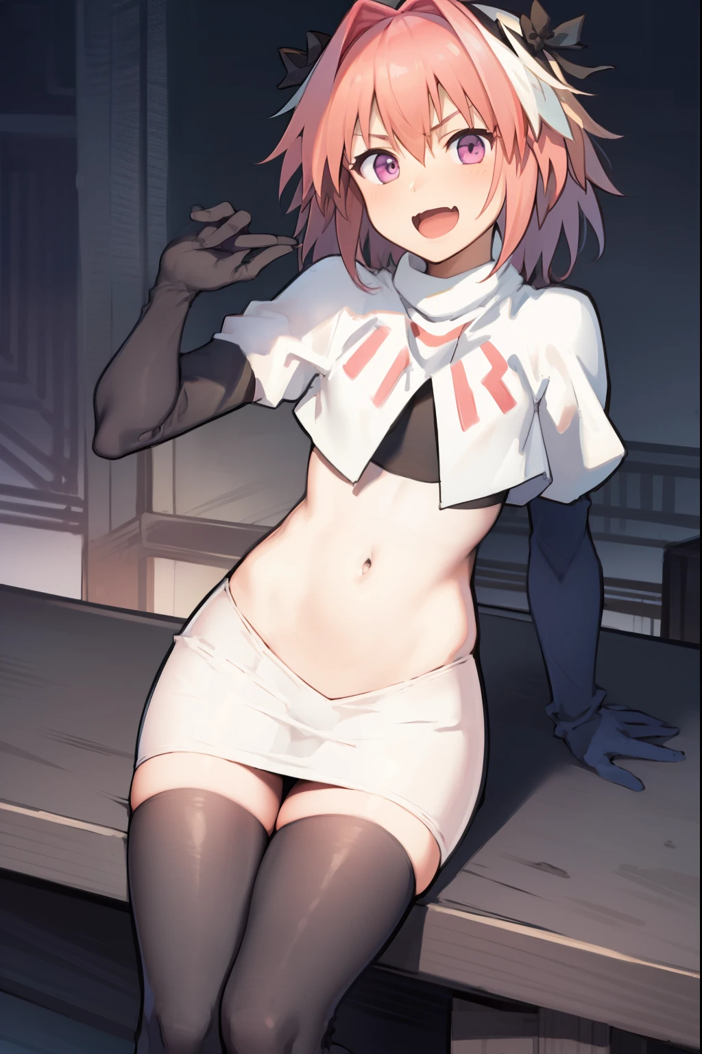 absurdres, masterpiece, best quality, (astolfo fate:1.2155), 1boy, male focus, trap, pink multicolored hair, pink hair, white hair, hair intakes, long hair, pink detailed eyes, crossdressing,1boy, team rocket,team rocket uniform, red letter R, white skirt,white crop top,black thigh-highs,black elbow gloves