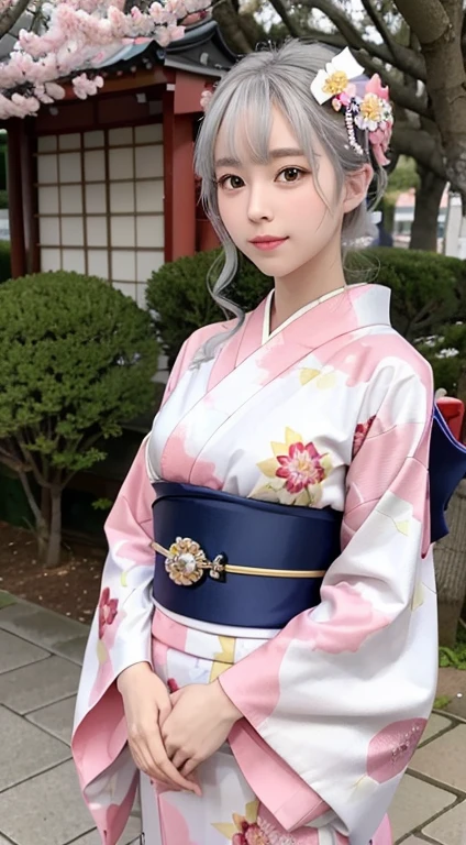 (8K, highest quality, masterpiece:1,2), (realistic, Photoreal:1.37), Super detailed, one girl,), (very detailed), (detailed and beautiful eyes), (highest qualityの), (Super detailed ), (masterpiece), (detailed face),20-year-old, ,1 girl, ((pink hair,very short hair)), medium breasts, dressed, perfect lighting, break (navy blue haori:1.3), (white collar:1.2), (three quarter sleeves:1.2), (white kimono:1.4), (nature motif pattern:1.2), (navy blue hakama:1.3), (Ankle length:1.2), (The hem is not too wide either、:1.2), (white obi:1.4), (simple knot:1.2), (white foot bag:1.2), (Black geta:1.2), (low height:1.2), (Easy to walk:1.2), (bun hair:1.2), (hair ornaments:1.2), (flowers and pieces of paper:1.2), break bun hair, flowers and pieces of paper hair ornaments, smile, friendly, looking at camera, hold soba with right hand, Holding chopsticks with left hand, Please do not put soup on the soba., In front of the soba shop counter, Wall with menu and photos, Natural light, Adding soft shadows to the face