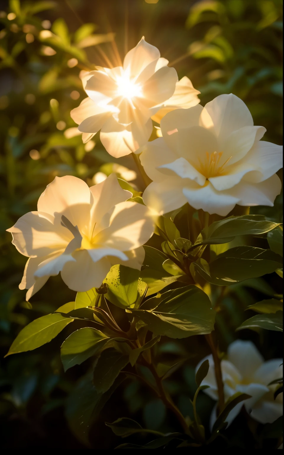 There are two white flowers in the sun, Glowing flowers, shining sun, light bloom sunlight, golden rays of sunlight, Beautiful backlight, warmly lit, summer morning light, perfect crisp sunlight, Beautiful backlight, evening sunlight, glorious light, light bloom, Incredibly beautiful, filtered evening light, soft golden hour lighting, soft sunlight dappling, the morning sun