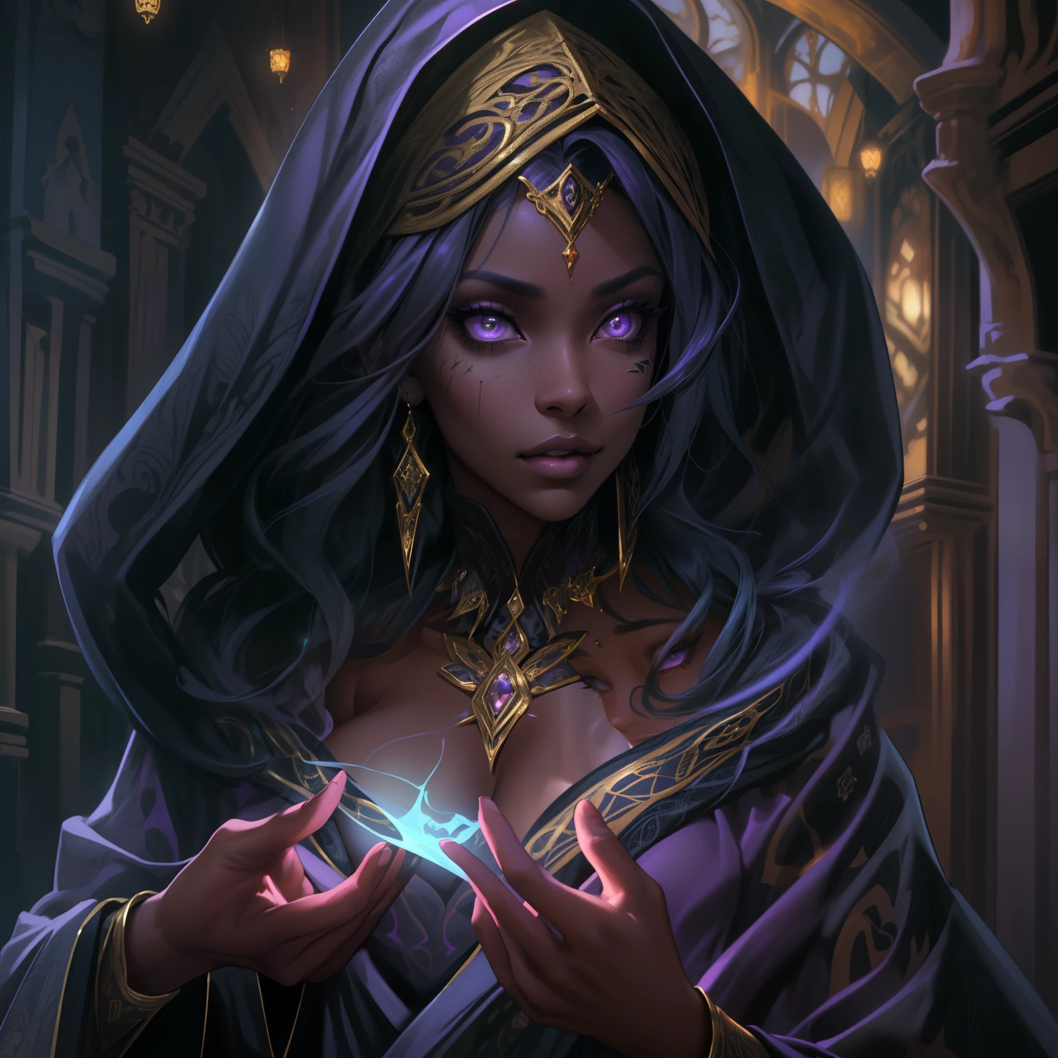 a sexy shadow wizard milf with thicc thighs and large breasts, has a purple cloak and hood on that only shows her purple eyes, laying back on a couch, sexual pose, has ebony skin