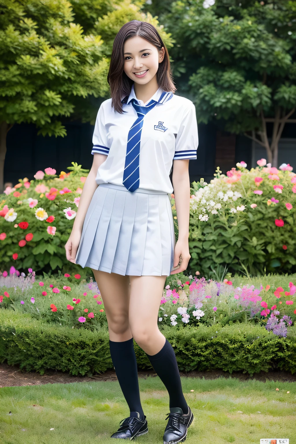 (((full body Esbian)))、((Girls' High School Uniforms))、((１a person))、short-hair、Close to the subject、((a miniskirt))、(((School flower beds)))、(((ssmile)))、(((Girls' High School)))、((a beauty girl))、((sexy  pose))、Photorealsitic、Beautiful detailed eyes、Hyper-Realism、highcontrast、Ultra HD、realistic skin textures、Top image quality、top-quality、超A high resolution、Fine details、Very meticulously