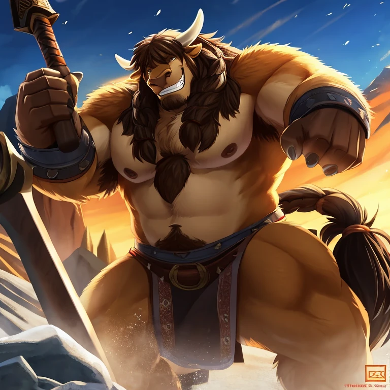 tauren,Burly,grin,The king,huge weapon,Detailed character details