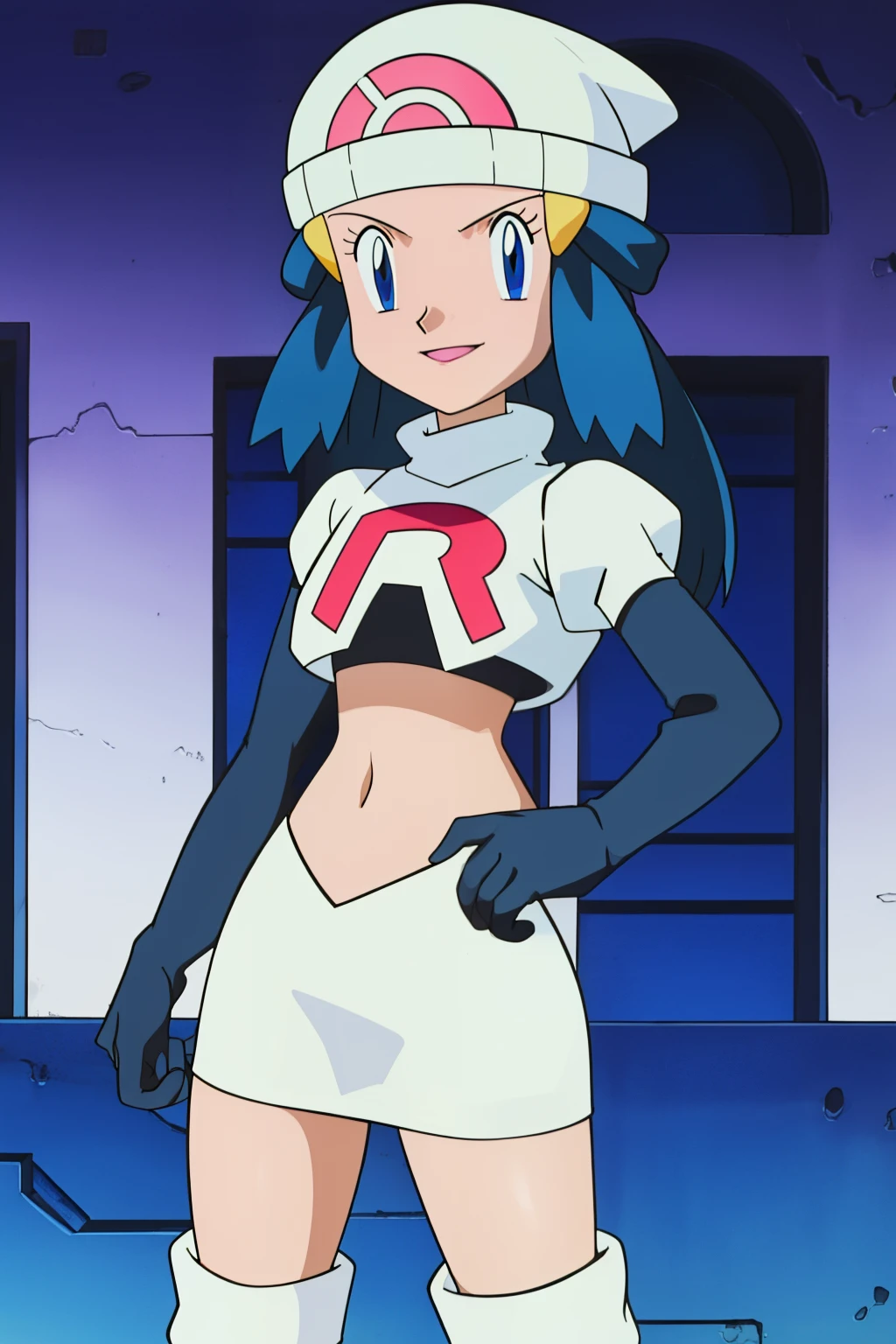 Dawn (pokemon), blue eyes ,1girl, solo, hat, glossy lips, earrings ,team rocket uniform, red letter R, white skirt,white crop top,black thigh-high boots, black elbow gloves, evil smile ,looking at viewer, cowboy shot, team rocket building in the background