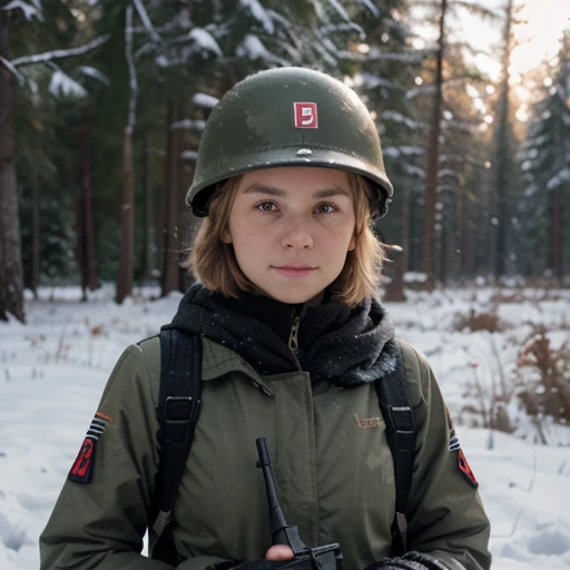 Young short finnish girl, blonde short hair, finnish ww2 uniform, finnish ww2 helmet, webbing, ww2 rifle gun gun on back, winter forrest snowing