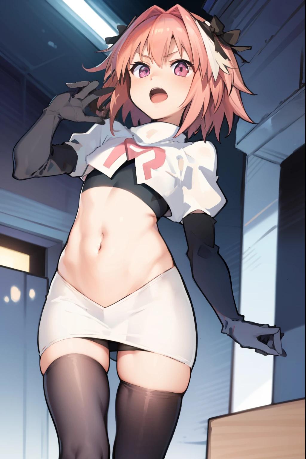 absurdres, masterpiece, best quality, (astolfo fate:1.2155), 1boy, male focus, trap, pink multicolored hair, pink hair, white hair, hair intakes, long hair, pink detailed eyes, crossdressing,1boy, team rocket,team rocket uniform, red letter R, white skirt,white crop top,black thigh-highs,black elbow gloves