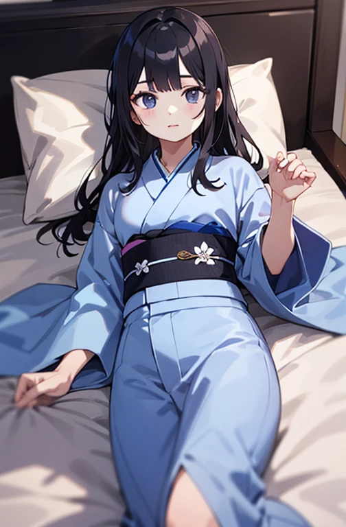 A purplish-black haired, blue-black eyed girl wearing a white kimono lying on the bed.