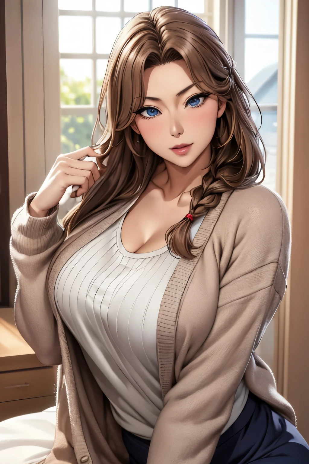 masutepiece, (Best Quality), 1womanl,1girl in ,akiko_minase,    Long hair, Brunette hair,   Blue eyes, braid, single braid, Hair intake, hair over shoulder, (maturefemale), Skirt, Sweaters, Cardigan,       house wife, Sexy Woman,    , blush vibrant colors ,,Natural lighting  ,nffsw, hair between eye , Beautiful, (Detailed face:1.2), showcase, (Perfect eyes:1.2) ,(Photorealistic:1.1), 8K UHD,  Looking at Viewer,  indoorround、tiny chest